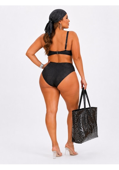 Büyük Beden Balenli Simli Toparlayıcı Yüksek Bel Kadın Bikini Takım Siyah