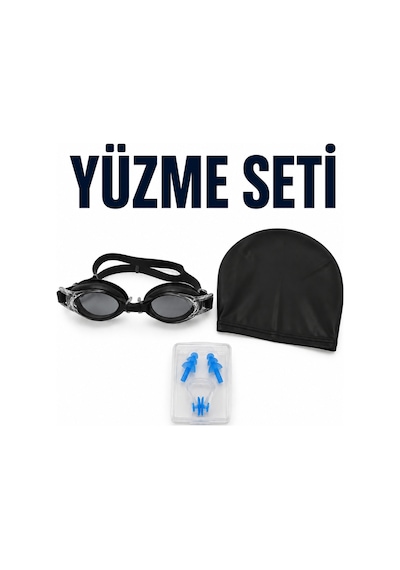 Yüzme Seti Siyah Gözlük Bone Kulak Tıkacı Burun Klipsi 4 Parça