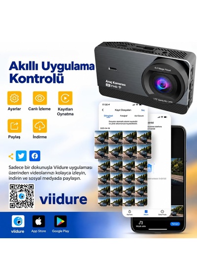 4k Fhd Araç Kamerası, 170 Ön Ve 120 İç Kamera, Gece Görüşlü Dash Cam, 4 Kızılötesi Led, F2.0 Diyafram, G-sensör