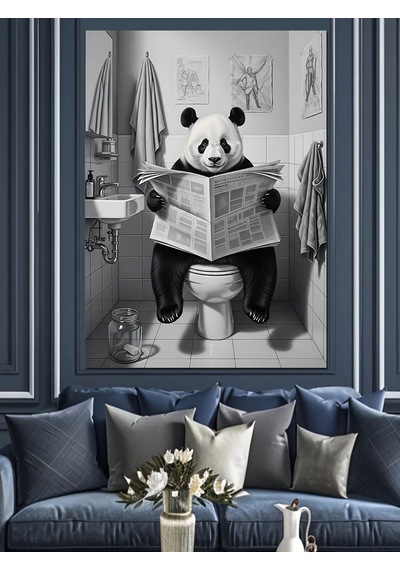 Ahşap Tablo Tuvalette Gazete Okuyan Panda