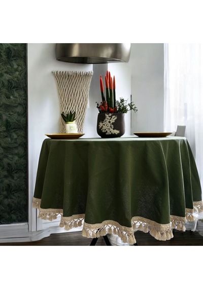 Dnc Home Tekstil  Premium Keten Haki Yuvarlak Ham Ponponlu Masa Örtüsü Haki