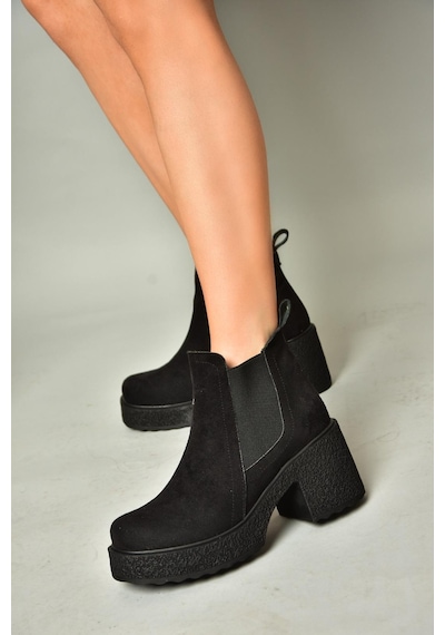 Fox Shoes T996220002 Siyah Süet Kalın Topuklu Kadın Bot Siyah-Süet Siyah