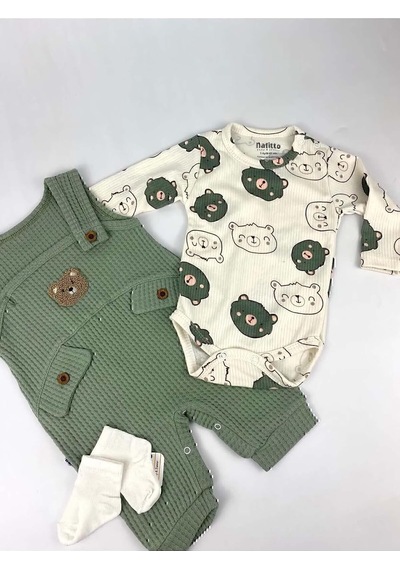 Tr Myzi Store Bebek Erkek 3'lü Tulum Takımı Salopet Ve Çorap Seti Ayıcık Desenli Badi Ayı Nakışlı Pamuklu Un