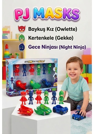 Pijamaskeliler Eklemleri Hareket Eden 8cm 6 Karakter Figürlü 3 Arabalı Eğitici Oyuncak Seti
