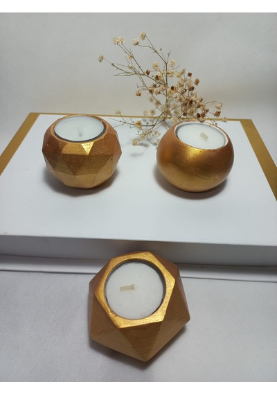 Geometrik Desenli Antiquity Gold 3'lü Mumluk Set, Dekoratif Masa Sehpa Üstü Aksesuar Gold