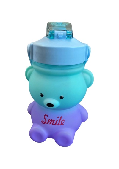 Smile Ayıcık Figürlü Çocuk Su Matarası Pipetli Kapaklı Turkuaz Mor Renk Geçişli 500ml