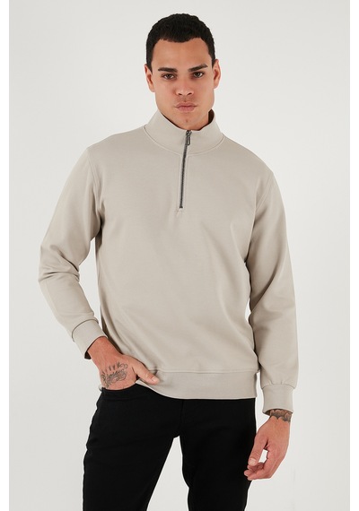 Buratti Pamuklu Regular Fit Yarım Fermuarlı Dik Yaka Erkek Sweat 5905470 Taş
