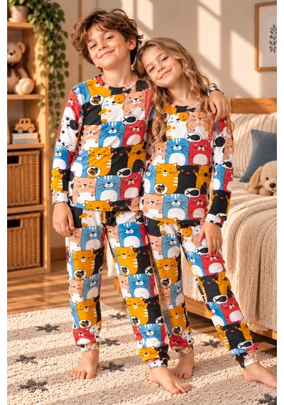 Free Beka Sevimli Desenli Bisiklet Yaka %100 Pamuklu İnterlok Kumaş Kız Ve Erkek Çocuk Uzun Kollu Pijama Takımı Çok Renkli
