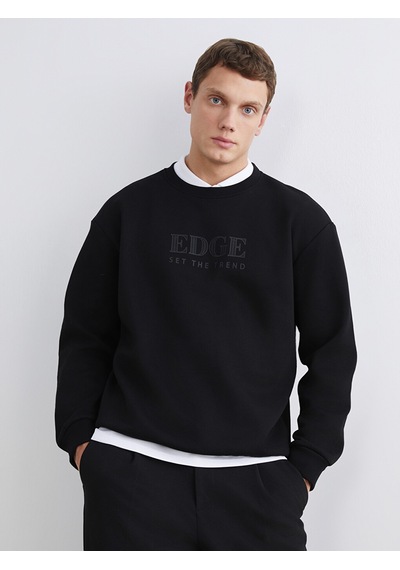 Lcw Vision Siyah Bisiklet Yaka Baskılı Erkek Kalın Sweatshirt