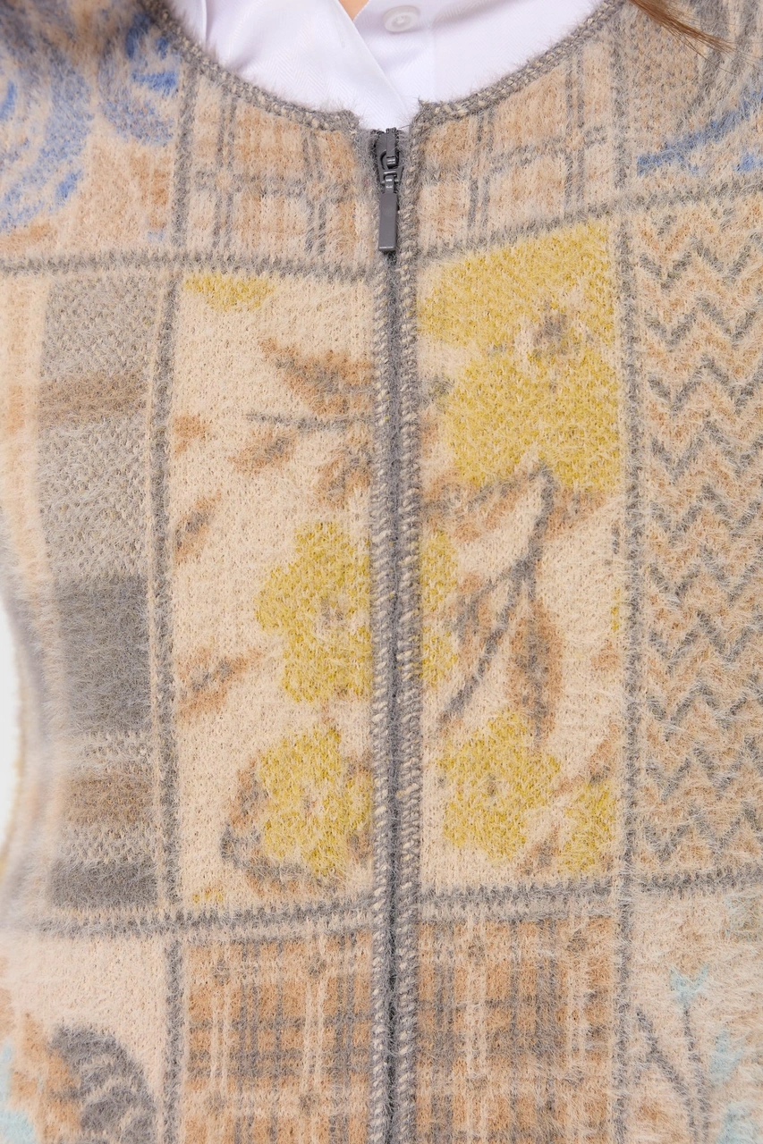 Desen Triko Kadın Sıfır Yaka Patchwork Yelek Bej Bej