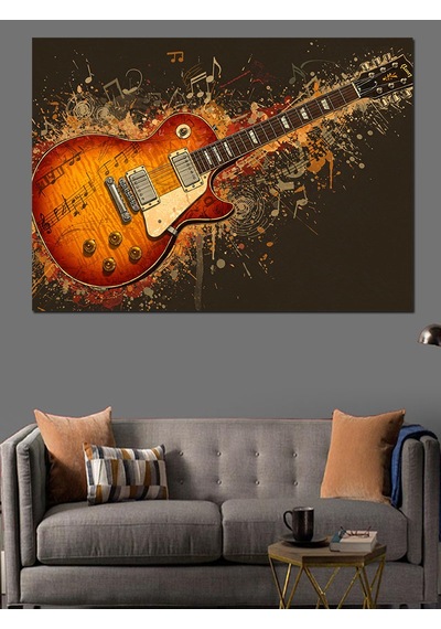 Elektro Gitar Ve Notalar Patlaması Dekoratif Kanvas - Mdf Ahşap Tablo