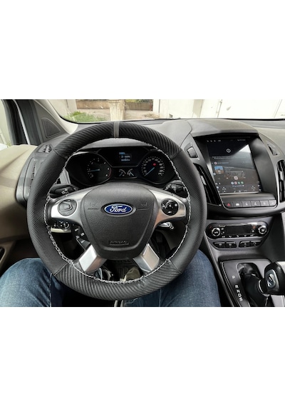 Dikişli Direksiyon Kılıfı Karbon / Nokta Deri Gri Yüzük Gri Dikişli Ford Connect 2015-18 Gri