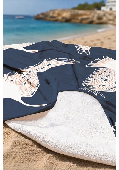 Turna Kuşu Lacivert Plaj Havlusu - Modern Marine Beyaz Kırmızı Hızlı Kuruyan Mikrofiber Havlu Donuk Melisa