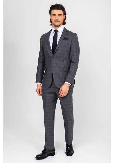 Erkek Gri Regular Fit Ekose Desenli Takım Elbise