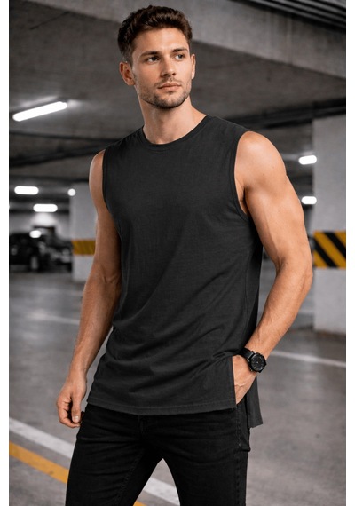 Cool Tarz Erkek Kolsuz Regular Fit Basic Atlet Yan Yırtmaçlı Pis Yaka Tişört Gri Gri