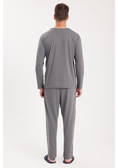 Tudors Erkek Standart Fit %100 Pamuk V Yaka Beli Lastikli Gri Pijama Takımı-37938 Gri