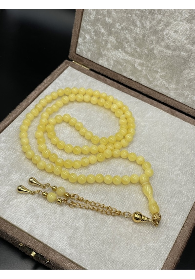 Gold Renkli Alpaka Püsküllü 99'luk Küre Kesim Sarı Damla Kehribar Benzetmesi Beyrut Tesbih
