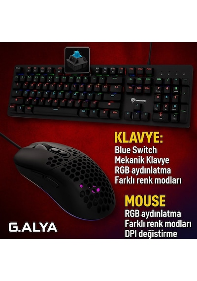 G.alya Gaming Oyuncu Klavye Ve Mouse Set - Rgb Aydınlatma, Blue Switch, Dpı Ayarı, Hafif Ve Serin Ta Optik