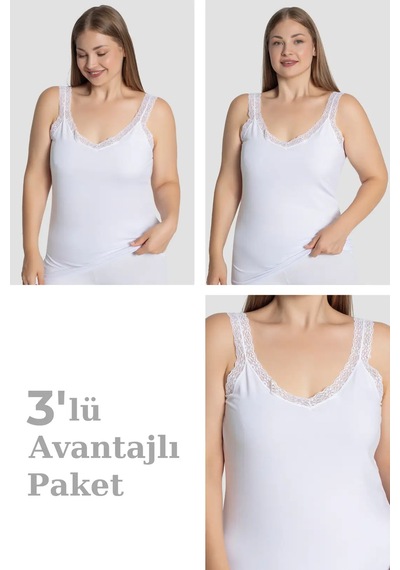 Grey Cat Kadın Büyük Beden Pamuklu Dantelli Atlet Beyaz 3'lü Paket Rahat İç Giyim Pratik Çamaşır Ev Giyimi Beyaz-3