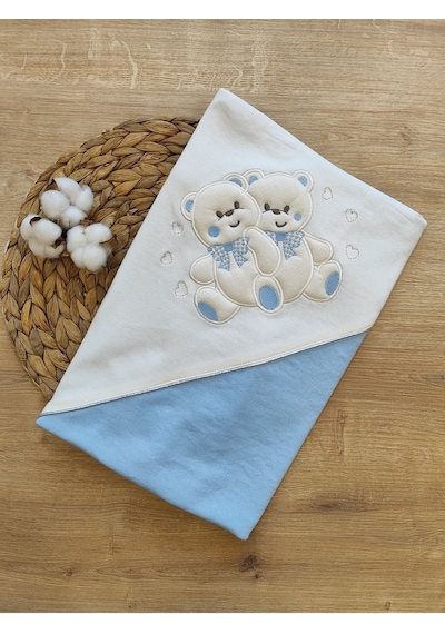 %100 Pamuklu & Mevsimlik Bebek Battaniyesi - Kahverengi & Ayıcık Nakışlı Bebek Örtüsü 80x90 Cm Mavi