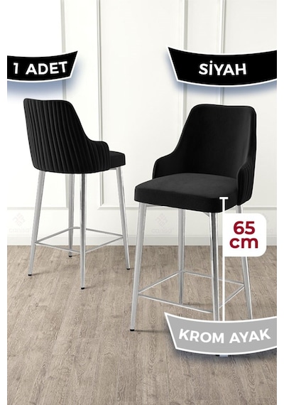 Canisa Tera Serisi 1 Adet Babyface Kumaş 65 Cm Krom Kaplama Ayaklı Siyah Bar Sandalyesi Siyah Sandalye Krom Kaplama Ayak