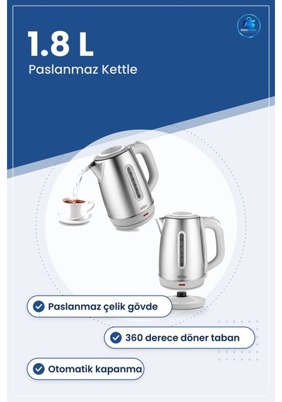 Kablosuz Su Isıtıcı Paslanmaz Çelik 1.8l Kettle Döner Taban Oto