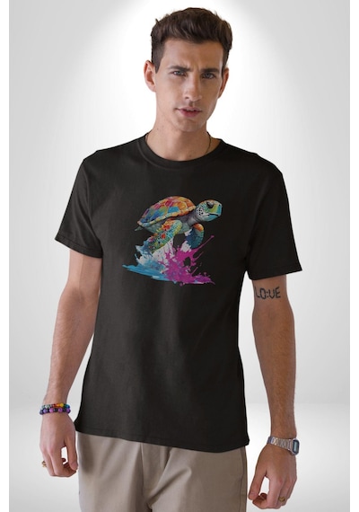 Renkli Kaplumbağa Karetta Kareta Unisex Unisex Siyah Organik Baskılı T-shirt Penye Yüksek Kalite Siyah