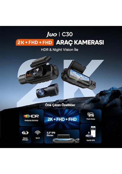 Juo C30 2k Qhd Ön + Fhd İç + Fhd Arka 3 Kameralı Wifi Gps Hdr Araç Kamerası Ekranlı 170 Derece Geniş Açı Gece