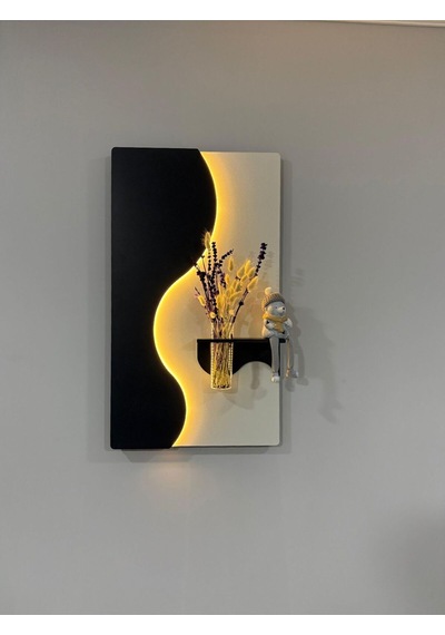 Manolya Ahşap Pilli Ledli İskandinav Tarzı Salon Duvar Rafı Modern Çiçeklik 40 X 70 Cm Çok Renkli
