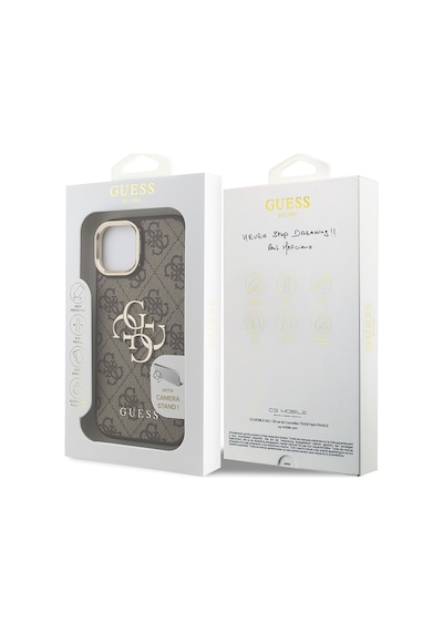 Apple Uyumlu iPhone 15 Kılıf Guess Lisanslı Metal 4g Ve Yazı Logolu Kamera Standlı Kapak Kahverengi