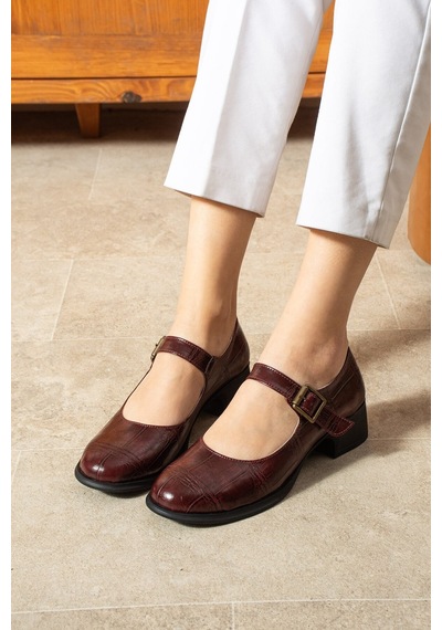 Dabab Shoes Clarıssa Kadın Bordo Ortopedik 4 Cm Topuklu Tokalı Yuvarlak Burun Balerin Babet Klasik Ayakkabı