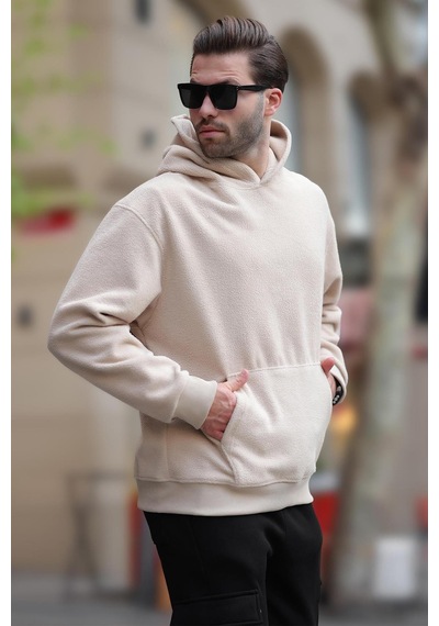 Madmext Bej Kapüşonlu Cep Detaylı Polar Erkek Sweatshirt 7093 Bej