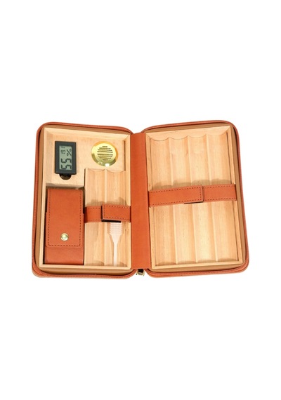 Cohiba Dahili Çakmak Açık Kahverengi Deri Puro Taşıma Çantası & Seyahat Humidoru
