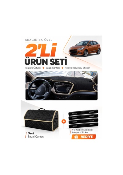 Hyundai İ20 2014-2020 Uyumlu Torpido Örtüsü + Deri Bagaj Çantası + Sticker Seti - Siyah Bej