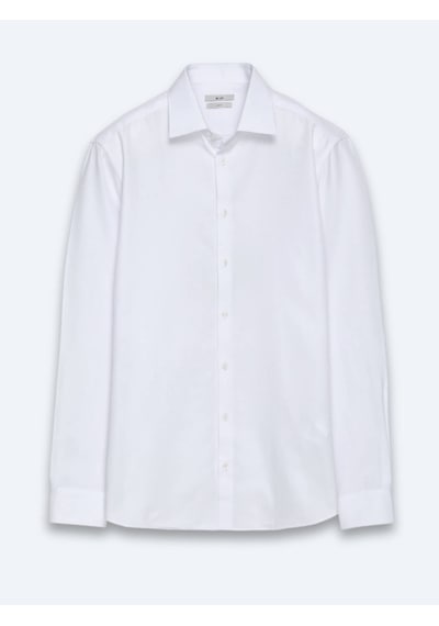 Kip Beyaz Düz Slim Fit Uzun Dokuma Klasik Pamuk Karışımlı Gömlek