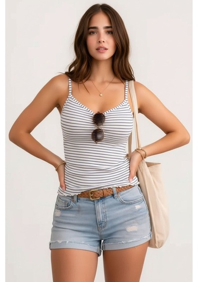 Mamayaga Kadın Yazlık Askılı Önü Düğmeli Çizgili Esnek Curve Uyumlu Spor Şık Casual Bluz Beyaz - Mavi