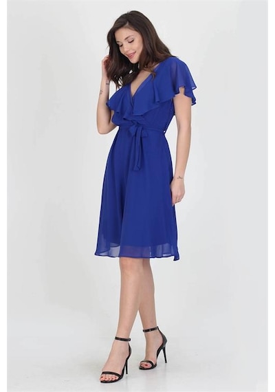 Neşeli Butik Kadın Midi Boy Yeni Sezon Kruvaze Yaka Melek Kol Şifon Elbise Ry8081 Saks