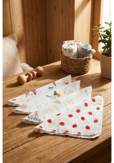 Modern Desenli Müslin Bebek Ağız Mendili Günlük Kullanım İçin Yumuşak Dokulu 25 x 25 CM 4'lü Set