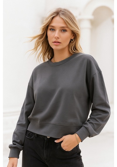 Kadın Füme Pamuklu İnterlock Oversize Sweatshirt Füme