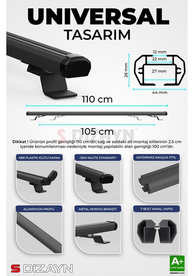 S-dizayn S-bar Cargo V1 Ara Atkı Tavan Taşıyıcı Barı Siyah 110 Cm Universal A+ Kalite