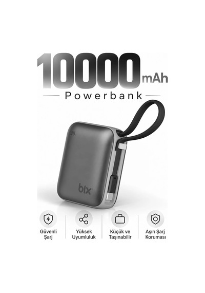 Exenar - Siyah - Mini Powerbank 10000 Mah Cep Boy Taşınabiler Hızlı Şarj Pd 20w Dijital Göstergeli Type-c Kablolu