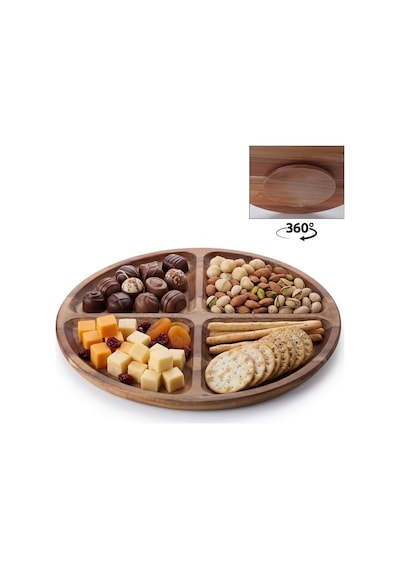 4 Bölmeli 360 Dönerli Akasya Ahşap Sunum Tabağı, 30 Cm Çap, 2,2 Cm Kalınlık, Yuvarlak Servis Tepsisi, Peynir, Kuruyemiş Ve Atıştırmalık İçin, 1 Adet