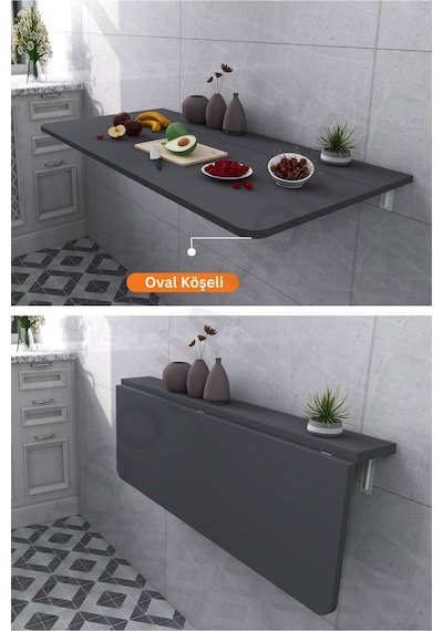 60x90 Cm Duvara Monte Sabit Raflı Kırma Katlanr Masa Antarasit Renk Antrasit
