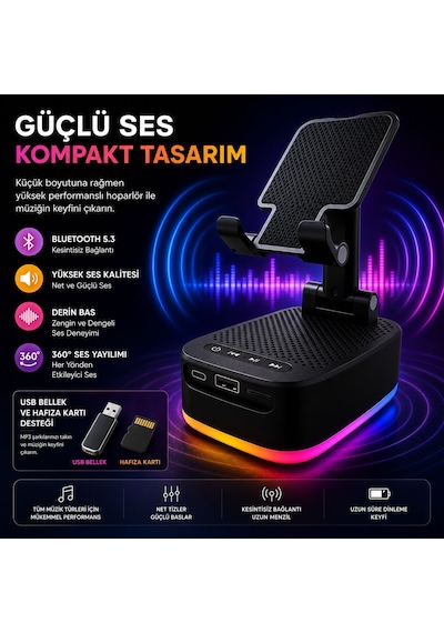 Rgb Ledli 3 In 1 Telefon Tutucu Powerbank Ve Bluetooth Hoparlör Özellikli Tf Kart Ve Usb Bellek Destekli Taşınabilir Telefon Tutucu