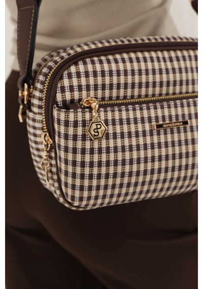 Silver Polo Sp1162 Kadın Çapraz Çanta Ekose Line Kare Kahve Sarı-kahve