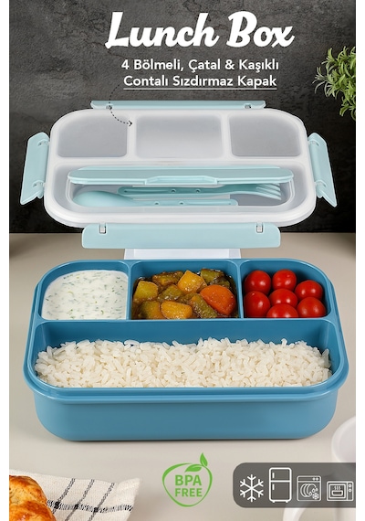Sızdırmaz Contalı Yemek Kabı - 4 Bölmeli Çatal Kaşıklı Diyet Beslenme Kutusu Lunch Box Mavi MAvi