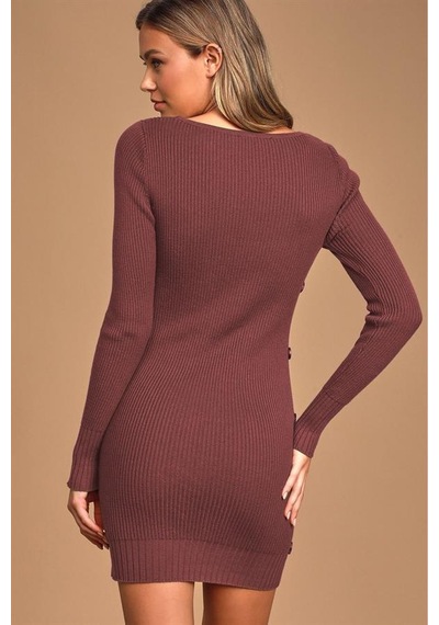 Aqe Fashion Kadın Geniş Yaka Uzun Kol Yandan Düğme Detaylı Tarçın Triko Elbise Tarçın
