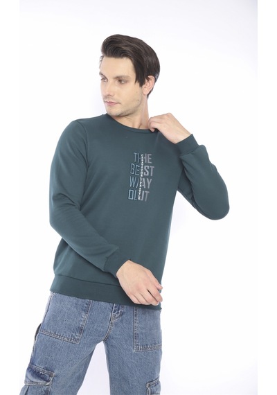 Escetic Erkek Spor Slimfit, Bisiklet Yaka Yeşil Sweatshirt-4273 Yeşil