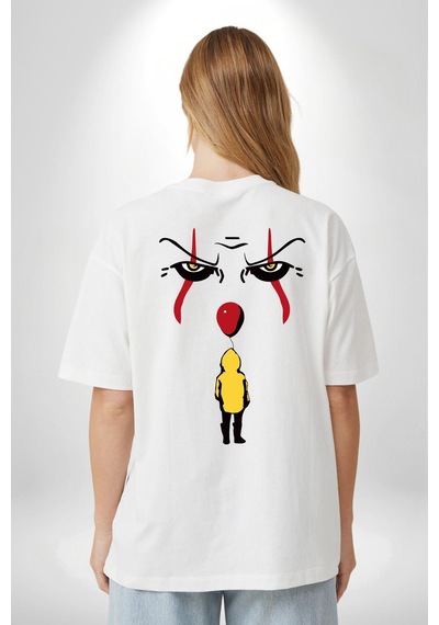 Pennywise Vs Georgie Korku Filmi Beyaz Oversize Unisex Ön Ve Sırt Baskılı Tişört Beyaz