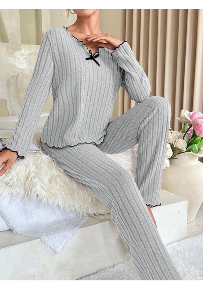 Bella Notte Gri Pamuklu Fiyonk Detaylı Pijama Takımı